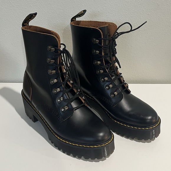 New Martens Women's Black Leona Leather Heeled Combat Boots US